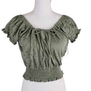 NWT sage green smocked cottagecore cotton peasant top eyelet blouse – size Small